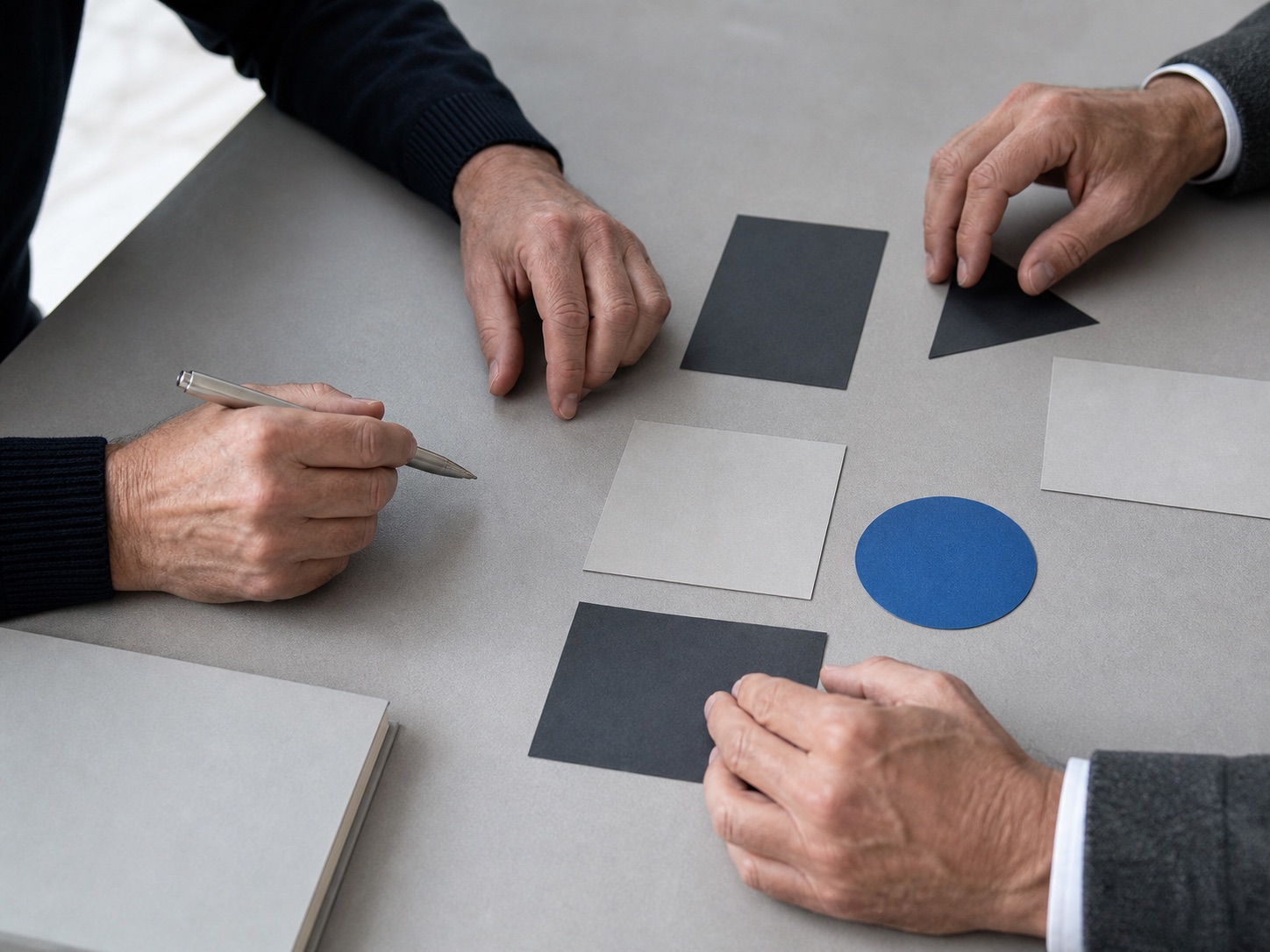 Colleagues arranging geometric cards during a strategy session