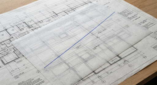 Architectural plans layered beneath translucent drafting paper